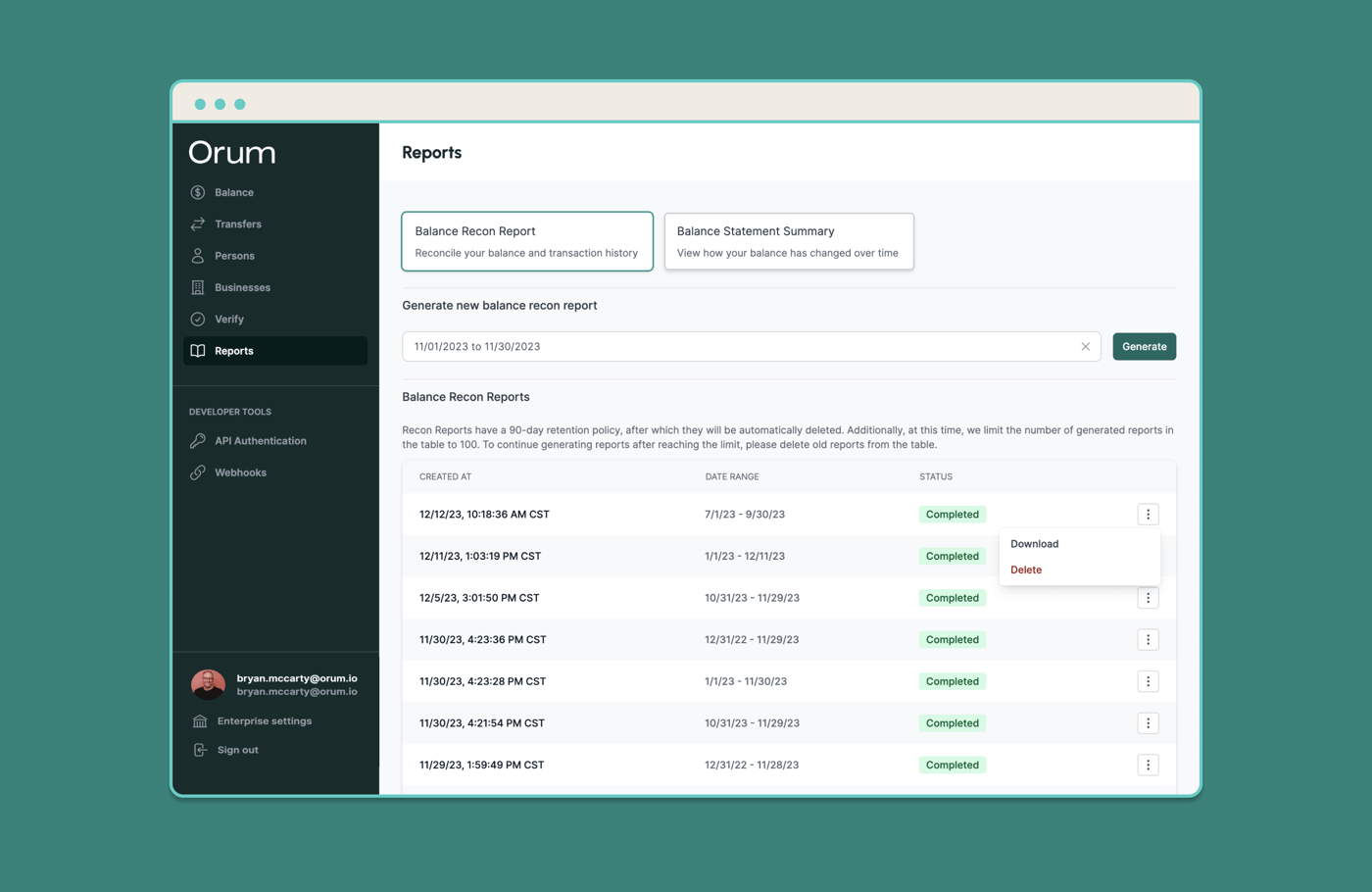 Reporting dashboard inside the Orum Portal