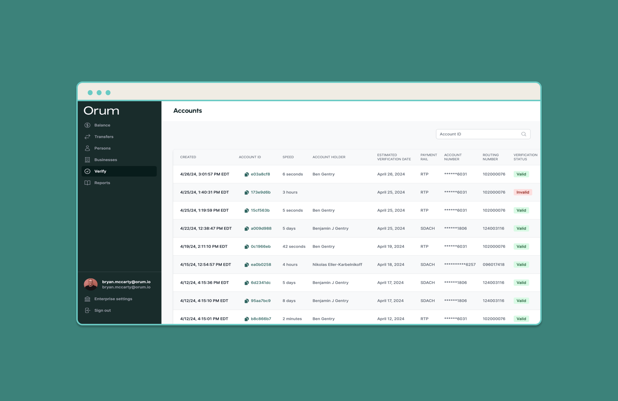 bank account verification dashboard inside the Orum Portal